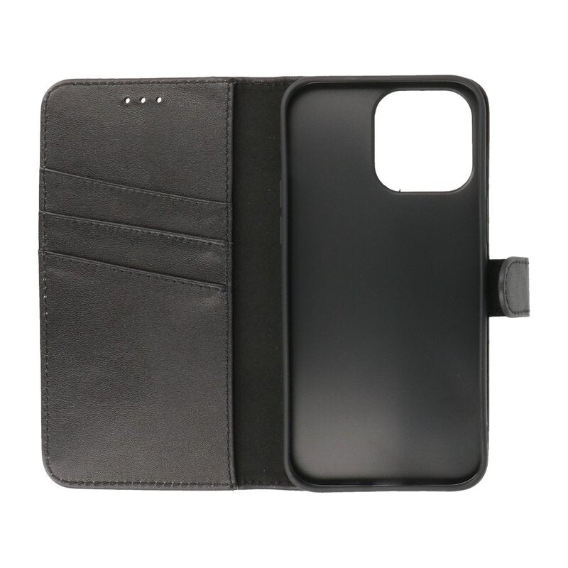 Echt Lederen Hoesje Wallet Case voor iPhone 14 Pro Max Zwart