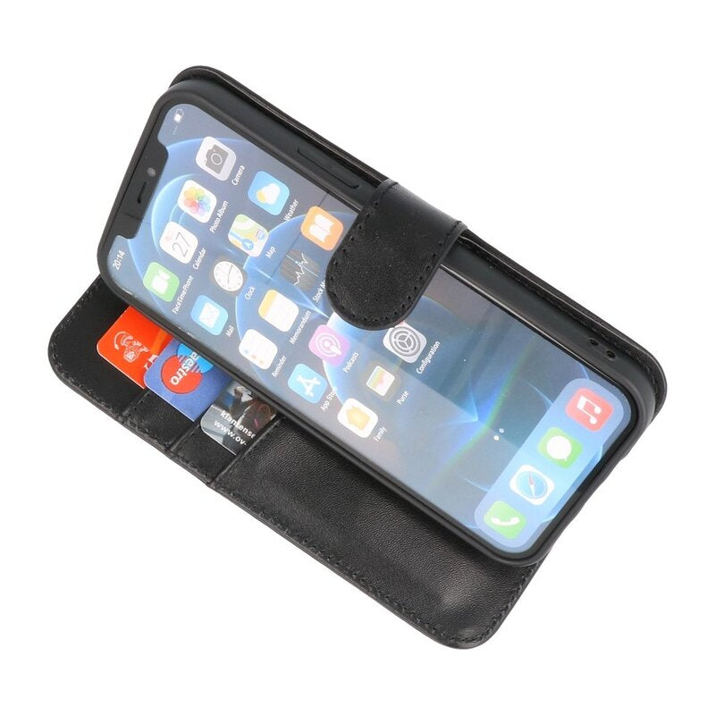 Echt Lederen Hoesje Wallet Case voor iPhone 14 Pro Zwart