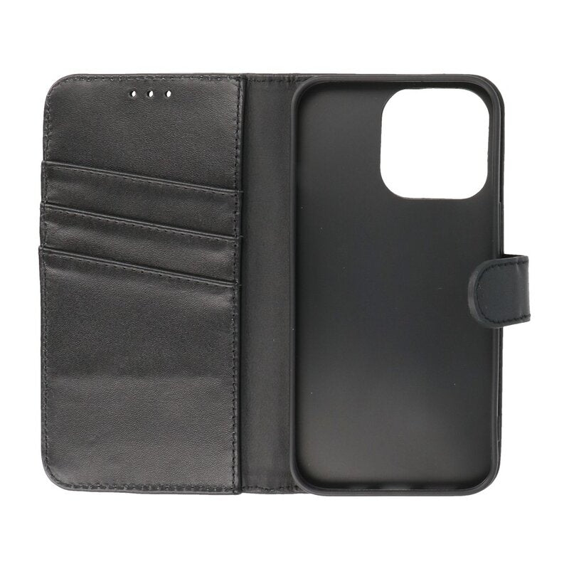 Echt Lederen Hoesje Wallet Case voor iPhone 13 Pro Zwart
